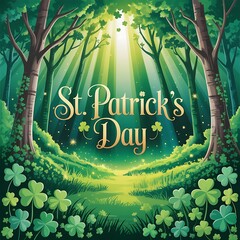 A mystical forest scene bathed in ethereal green light with St Patricks Day text and shamrocks