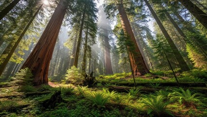 Towering trees sunlight streaming through forest canopy
