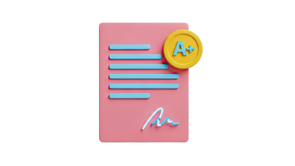 3D Render of a Pink Document with an A+ Grade and Signature