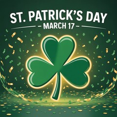 Green glowing shamrock with confetti for St Patricks Day celebration