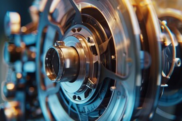 Naklejka premium Intricate machinery with gears and cylinders rotating, showcasing industrial technology