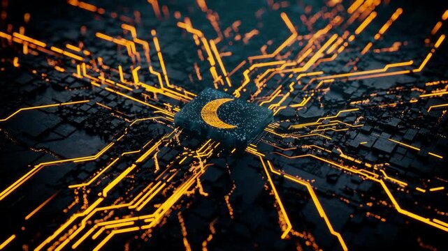 Night mode Technology Concept with moon symbol on a Microchip. Orange Neon Data flows from the CPU across a Futuristic Motherboard. Seamless Loop.