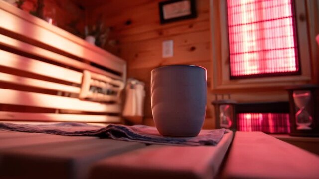 A cozy sauna interior with a mug on a table, basking in the warm glow of infrared light