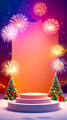 empty podium with new years firework decoration with copy space