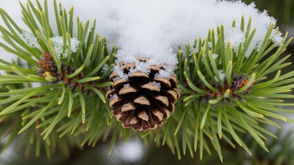 Snow covered pine cone on green pine needles close up
