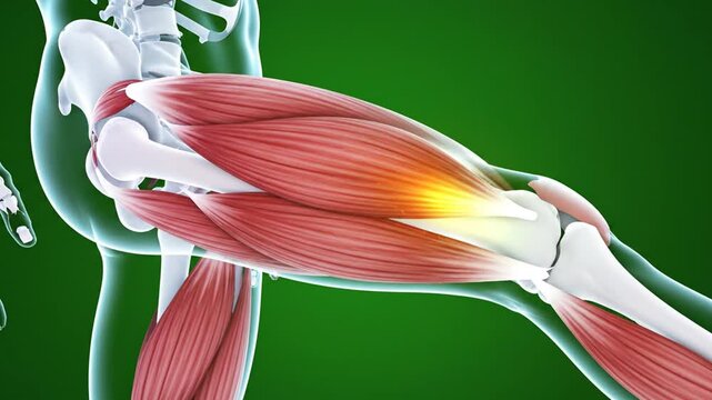Neon 3D Anatomy Animation Hamstring Stretch Leg Muscles Blue and Green Background Medical Visualization