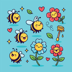 Fototapeta premium Adorable cartoon happy bees flying around colorful smiling flowers with hearts and leaves.