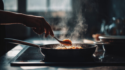 cooking in a pan with steam, home cooking in dark kitchen, chef stirring food on stove
