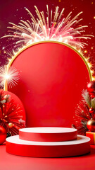 empty podium with new years firework decoration with copy space
