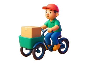Cartoon delivery man riding cargo bicycle with parcel box, colorful style on isolated white background, concept of shipping and logistics, Ai generative