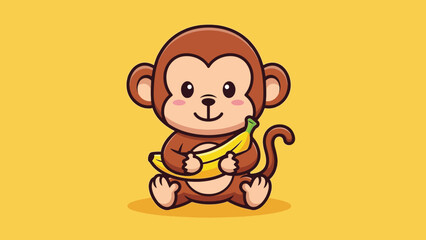 Cute Cartoon Baby Monkey Sitting and Holding a Yellow Banana.