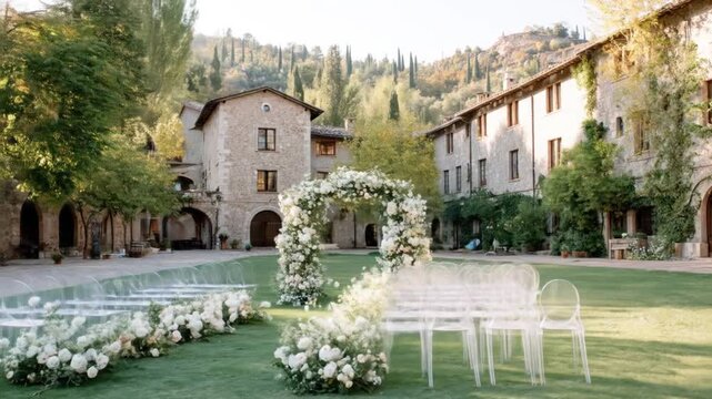 A scenic outdoor wedding setup, with white floral arch and clear chairs in a lush courtyard
