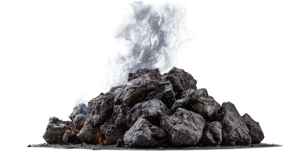 A pile of dark gray charcoal with rising wisps of white smoke against a transparent background