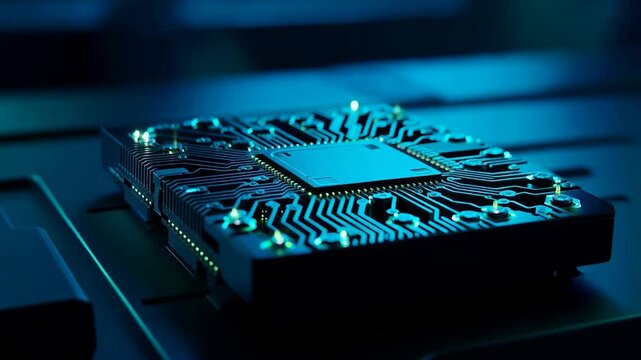 Close-up microchip on a dark surface with blue glowing circuits, in a laboratory or factory background, used for technology or innovation concepts