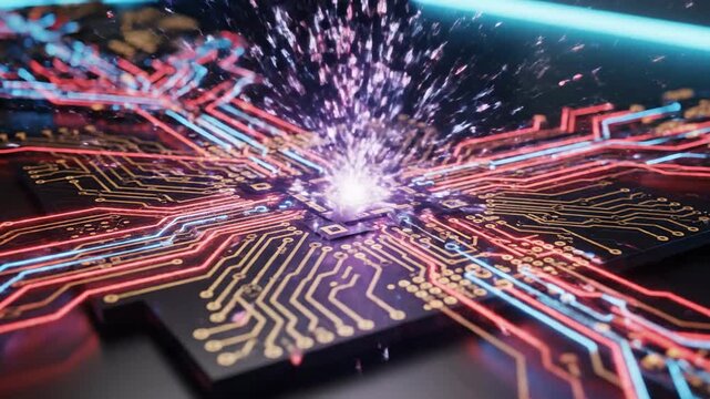 Circuit board with colorful neon lights exploding in the center, representing innovation and technology in a futuristic laboratory setting, possibly used for tech or business presentations