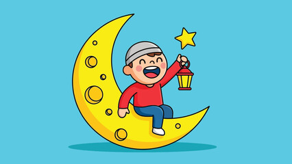Happy Cartoon Muslim Boy Sitting on Crescent Moon Holding Lantern and Star.