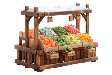 Wooden stall laden with colorful sugary confections, some under a snowy roof