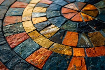 Circular mosaic features vivid colors and intricate geometric shapes