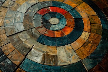 Colorful wooden tiles arranged in a circular mosaic pattern