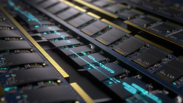 Close-up of computer RAM modules with colorful wires on a circuit board, technology background for innovation concept