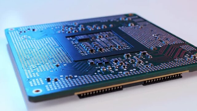 Close-up of computer microchip on white background with blue and red lighting, showcasing technology and electronics components