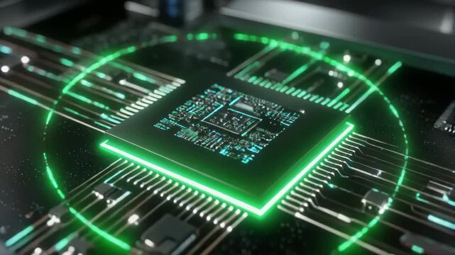 Close-up of glowing microchip on circuit board with neon lines in dark lab background, possibly for tech or innovation use