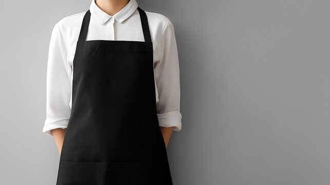 Mockup design of a blank black and white apron for shop branding. Concept Shop Branding, Apron Mockup, Black and White Design, Retail Display, Brand Identity. Background restaurant