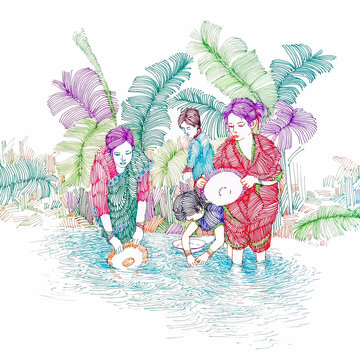 Washing dishes at the riverbank, Washing cloth, Grils