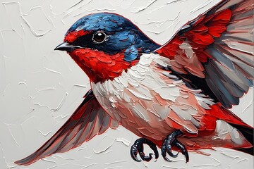 A colorful tropical macaw with vibrant red and blue feathers perches on a wild tree branch against an isolated red background