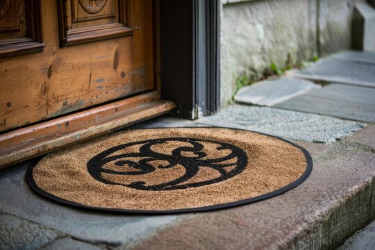 Decorative doormat with swirl design at a wooden doorstep