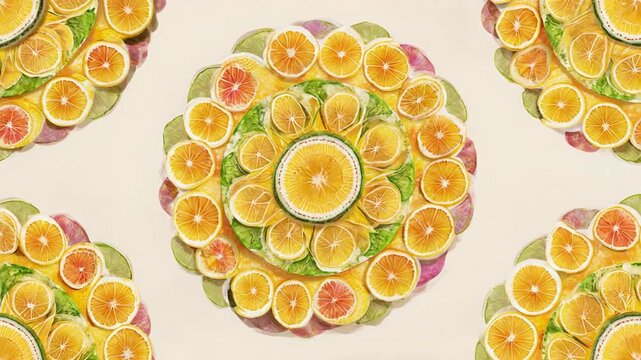 Colorful citrus slices arranged in circular patterns on a beige background, used for design or texture