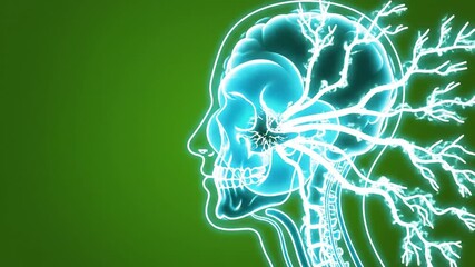 Neon Style Animation of Facial Trauma Impact Isolated on Green Screen Background Showing Human Head Anatomy with Nerves