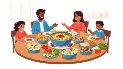 Family Mealtime: A warm depiction of a family gathered around a table laden with food, creating a scene of familial bonding and shared enjoyment. Capturing the essence of unity and culinary delight.