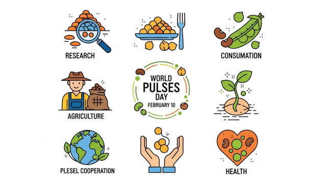 World Pulses Day Celebration: An eye-catching illustration commemorates World Pulses Day with vibrant depictions of pulses, agriculture, and global cooperation.