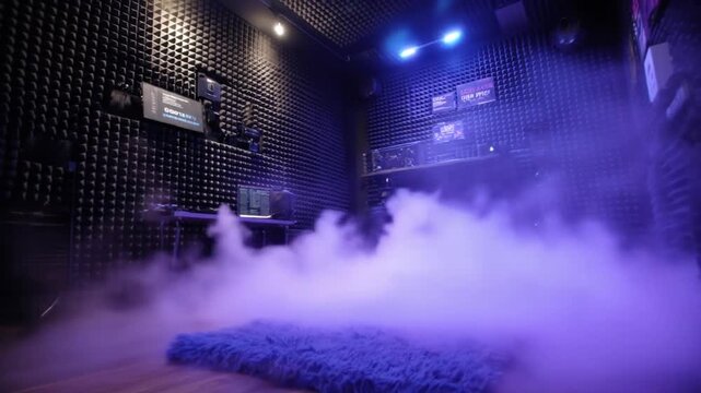 A dimly lit studio with sound-dampening walls, blue lighting, and a mystical fog effect