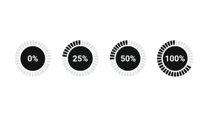 Circular progress indicators showing 0%, 25%, 50%, and 100% completion on a white background