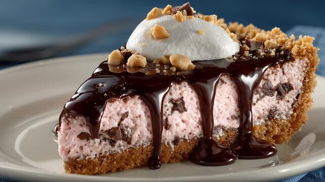 Indulge in a beautiful treat as layers of creamy pink goodness blend with crunchy bits and rich chocolate sauce. Experience this delightful creation in a cozy cafe setting filled with warmth.