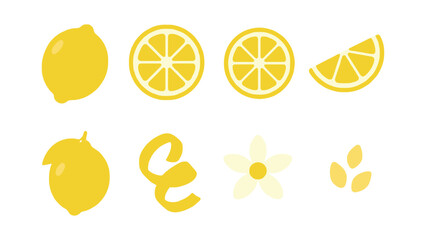 Vibrant yellow lemon fruit elements, slices, peel, and flower on white background