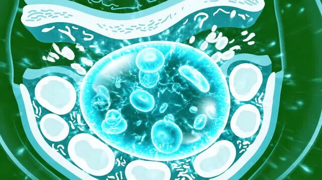 Pemphigus Vulgaris Scan with Immune Response Animation On Green Background Showing Blisters Formation and Cellular