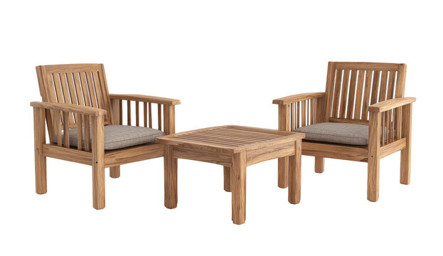 Wooden outdoor furniture set, two armchairs with cushions and a square table on a solid black background