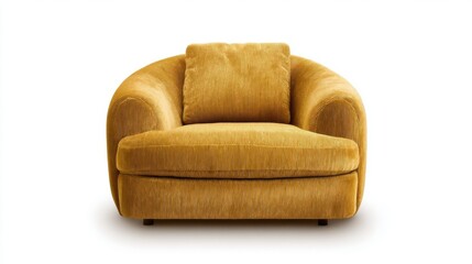A mustard yellow chair with rounded arms and a matching cushion on the backrest stands elegantly against a neutral backd