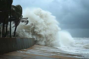 A dramatic scene of a stormy beach with large waves crashing against a concrete seawall, creating a powerful and intense atmosphere.