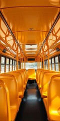 Fototapeta premium Interior of a school bus showing rows of empty yellow seats, education, school bus