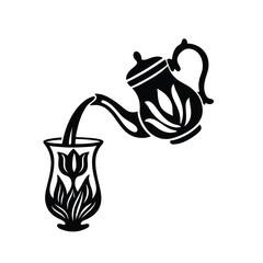 Stylized Teapot Pouring Tea into Traditional Cup Vector Icon