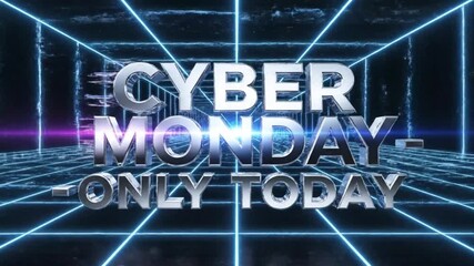 4K animation for Cyber Monday with a retro-wave grid of glowing neon blue laser lines moving endlessly. - Powered by Adobe