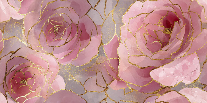 Soft pink rose pattern with elegant gold glitter lines on light background, creating delicate and feminine floral design full of gentle beauty and charm