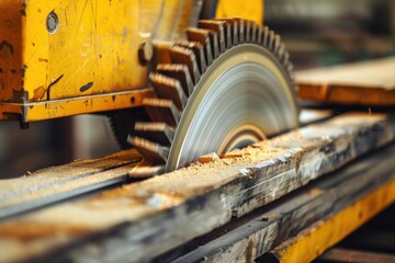 Carpenter cutting wooden plank using circular saw creating sawdust
