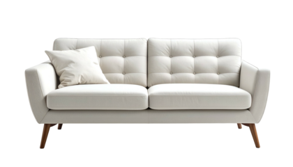 A sleek, modern two-seater sofa in cream, with a tufted back and a single throw pillow