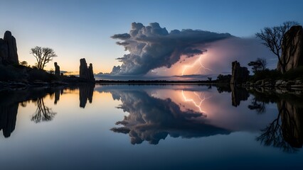 Dramatic thunderstorm with lightning bolt reflecting in a calm lake surrounded by rocky formations at twilight