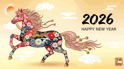 Vibrant illustration of a decorated horse with traditional Asian floral patterns for 2026 Happy New Year celebration, set against a warm sky.